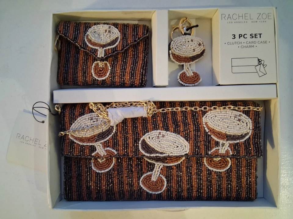 JUEGO DE 3 PIEZAS RACHEL ZOE CUENTAS RAYAS ESPRESSO MARTINI CLUTCH ESTUCHE PARA TARJETAS Y BOLSO ENCANTO Foto 1 de 4