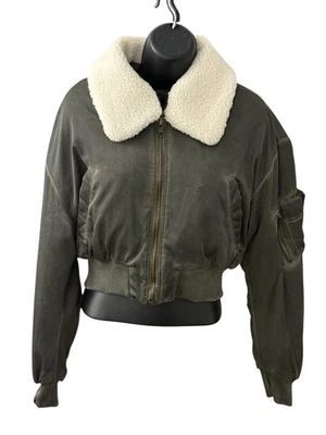 Chaqueta de bombardero recortada FOREVER 21 lavado al aceite para mujer mediana nueva con etiquetas Foto 1 de 4