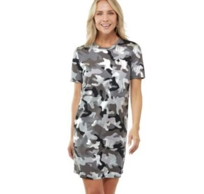 Michael Kors 女式迷你 T 恤连衣裙灰色组合迷彩标志胶带 S — 第 1/4 张图片