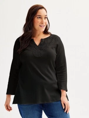 Blusa Top Croft & Barrow Mujer Talla Grande Negra Con Encaje Manga 3/4 Cuello Dividido Nueva Foto 1 de 3