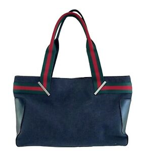 Gucci Vintage Jean Denim Web LOGO Straps Calfskin Medium Tote Shoulder Bag