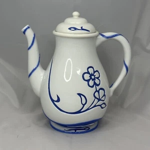 Vintage blau und weiß Keramik Kaffeekanne Servierkaraffe Floral Blume Gänseblümchen - Bild 1 von 8