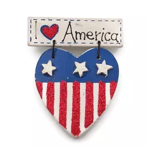 Handcrafted Wooden "I Love America" Patriotic Articulated Heart Fashion Brooch - Picture 1 of 12