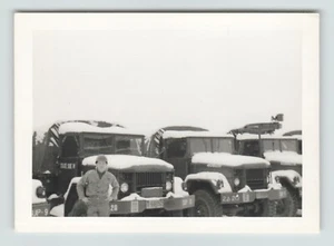Photo B&W 3-1/4x4 1/2 Military Soldier Standing in Front of Trucks in Snow Helme - Picture 1 of 1