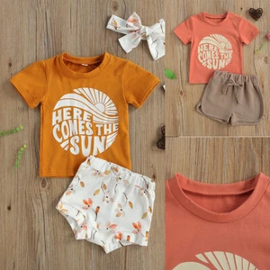 Infant Toddler Baby Boy Girl Summer Outfits Shorts Sleeve Top T-shirt Shorts Set - Picture 1 of 10