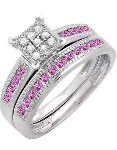 Dazzlingrock Pink Sapphire White Diamond Engagement Ring Set Silver - Picture 1 of 3