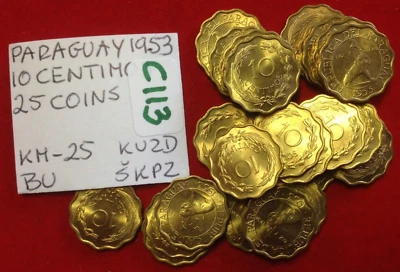 @C113 Paraguay; 25 Coins from Mint Bag; 10 Centimos 1953  KM#25  BU - Image 1 of 2