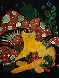 New Hand Painted Cat with Mushrooms & Flowers on a Black Tee Shirt Size Medium - Picture 1 of 5