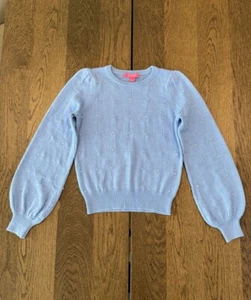 Lilly Pulitzer Geraldine Pullover Damen S blau Peri platziert Perlen Blousonärmel - Bild 1 von 11