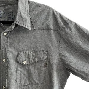Mens Volcom Button Up Shirt Pearl Snap Cowboy Western Grey Tweed - Picture 1 of 8