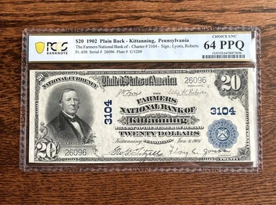 Billete de moneda nacional PCGS 1902 $20 UNC 64 PPQ Farmers NB de Kittanning, Pensilvania... Foto 1 de 4