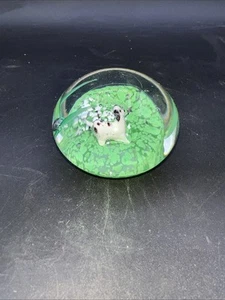 Vintage Clear Glass Paperweight With White Dog Green White 2.5 in - Picture 1 of 5