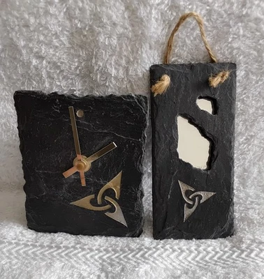 Irish Slate Clock & Matching Mirror With Triquetra Design On Both - Image 1 of 4