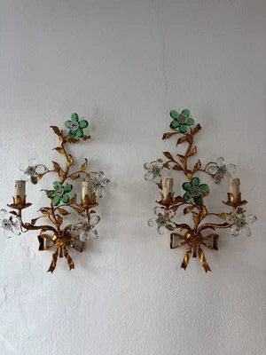 ~Apliques de arco Tole flores de cristal prismas verdes estilo Maison Baguès, c 1930~ Foto 1 de 4