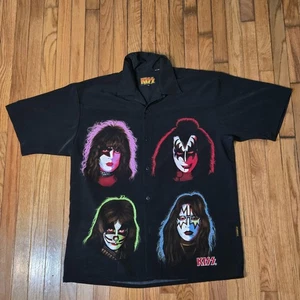 KISS Shirt Mens XL Black Button Up Camp Hawaiian Allover Graphic Rock Band Neon - Picture 1 of 15