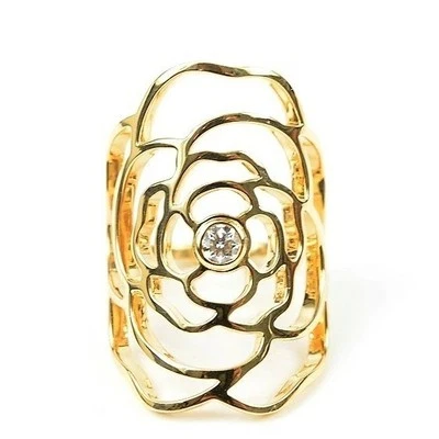 香奈儿 18K 黄金山茶花图案钻石戒指 US4.5-5 罕见 — 第 1/4 张图片