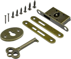 Antique Cabinet Lock Full Mortise Vintage Spring Drawer with Key Bronze - Picture 1 of 7