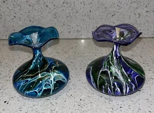 Juego de 2 lámparas/jarrones de aceite de vidrio soplado a mano Penco llama brillo llama vintage 96 azul púrpura - Imagen 1 de 10