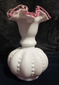 Vintage Fenton Silver Crest Beaded Melon Cased Pink Milk Glass Vase - Picture 1 of 6