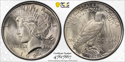 1924 P Peace Silver Dollar PCGS MS63 Protected by Gold Shield & TrueView Cover