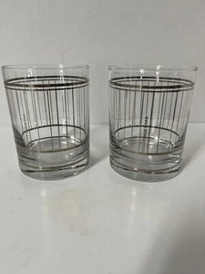Set Of 2 Culver Silver Vertical Stripe Old Fashioned Lowball Glasses Vintage - Picture 1 of 4