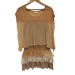 A’reve Ruffle Women’s Dress S Beige Cream Brown Tier Layered Short Sleeve Boho - Picture 1 of 16