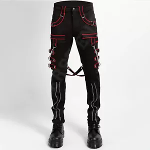 Herren Gothic Hose Trippe Band Cyber Kette schwarz und rot Borte Hose Emo Punk Hose - Bild 1 von 4