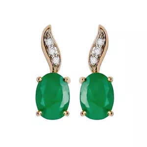 10k Yellow Gold Genuine Oval Emerald and Diamond Drop Earrings - Picture 1 of 5