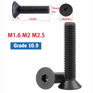 Grade 10.9 Countersunk Socket Screws Flat Head Allen Bolts M1.6 M2 M2.5 Metric - Picture 1 of 6