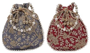 Bolso Potli bordado de seda 2 piezas para mujer fiesta bolsa pequeña bolso étnico indio - Imagen 1 de 7