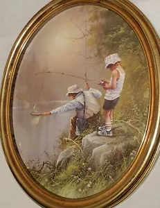 Vintage Homco Home Interiors ovales Bild Kinder Angeln Teich Blumen - Bild 1 von 13