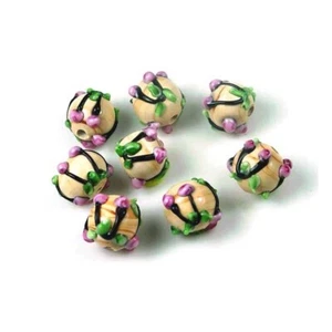 8 Handmade Lampwork Glass Woodland Cherry Blossom Round Beads 12mm - Picture 1 of 3