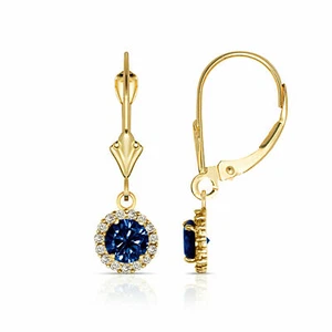 14K Yellow Gold 1.25CTW Round Halo Blue Sapphire Drop Dangle LeverBack Earrings - Picture 1 of 1