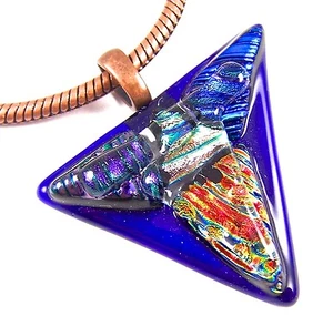 DICHROIC Glass PENDANT Copper Slide Cobalt Blue Purple Orange Triangle Mosaic - Picture 1 of 3
