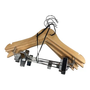 Lot of 5 Solid Wooden Suit Hangers / Pant or Skirt Hangs with Clips - Picture 1 of 2