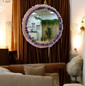 15" Luxurious Amethyst & Rose Quartz Crystal Mirror Handmade Gemstone Home Decor - Picture 1 of 8