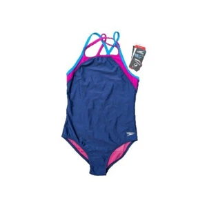 Speedo Swimsuit One Piece Solid Cross Back Multi Straps Color Navy Girls Size 14 - Picture 1 of 7