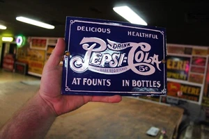 BEVI PEPSI COLA 5 CENT SODA POP DEALER PORCELLANA INSEGNA METALLO COCA COLA - Foto 1 di 8
