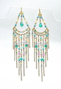 EXQUISITE Aquamarine Turquoise Pink Crystals Gold Chains Chandelier Earrings - Picture 1 of 5