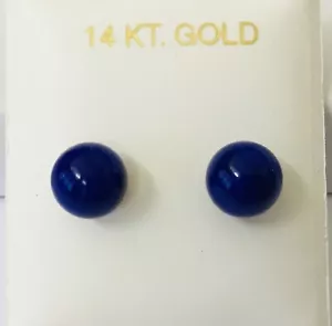 Solid 14K Yellow Gold Natural Blue Lapis 8 mm Ball Stud Earrings NEW - Picture 1 of 8