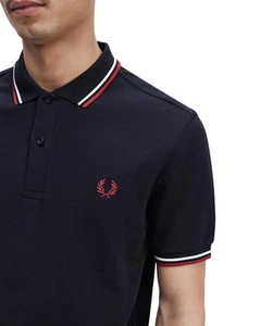 Fred Perry Men's Cotton Short Sleeve Twin Tipped Polo Shirt M3600 Navy T55 Large - Picture 1 of 4
