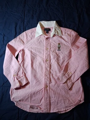 Camisa polo Ralph Lauren urso algodão Oxford masculina manga longa tamanho 7 rosa - Imagem 1 de 4