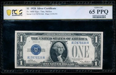 AC 1928 $1 Silver Certificate PCGS 65 PPQ A-A block  Fr 1600 GEM! - Image 1 of 2