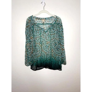Lucky Brand Women's L Teal Sheer Boho Blouson Tunic V-Neck Peasant Top - Picture 1 of 8