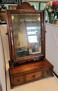 Antique Original Walnut Dresser Tabletop Vanity Make-Up Twin Post Shaving Mirror - Picture 1 of 14