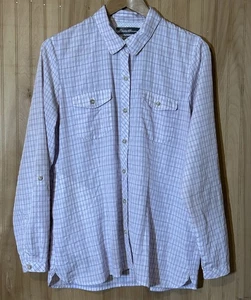 EDDIE BAUER White Purple Plaid Travex Long-Sleeve Button Front Shirt Blouse L - Picture 1 of 5