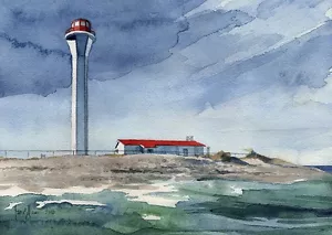 Faro Point Escuminac, Nuevo Brunswick, Canadá. Impresiones artísticas en acuarela enmarañadas - Imagen 1 de 2