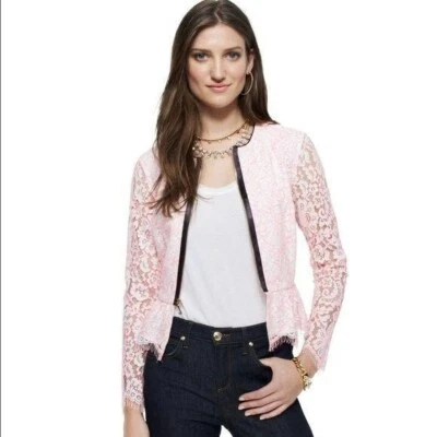 Y2K Juicy Couture Pink Neon Corded Lace Zip Jacket Peplum Frayed  Crop Top 2 - Image 1 of 4