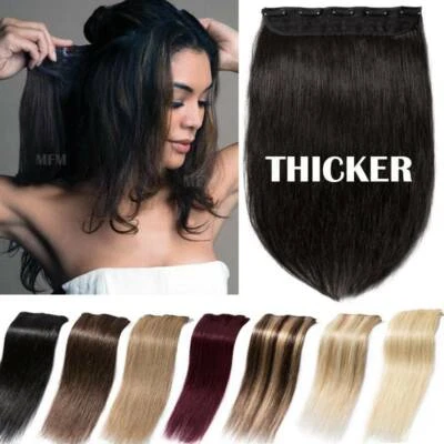 100% THICK One Piece Clip in Real Remy Human Hair Extensions 3/4 Full Head Black - image 1 of 4
