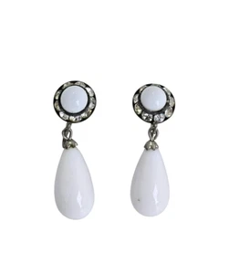 Japan Vintage Milk Glass and Rhinestone Drop/Dangle Screwback Earrings - Picture 1 of 7